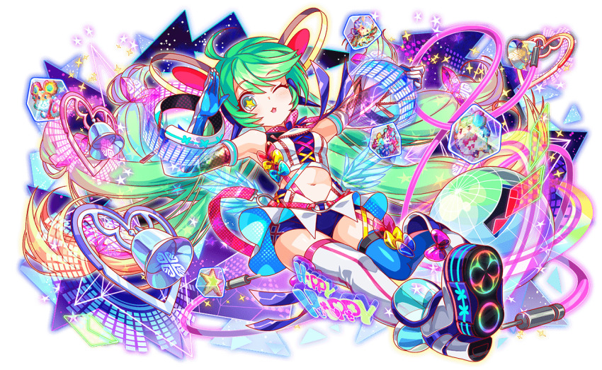 1boy 3girls absurdly_long_hair ahoge alternate_costume aqua_bow aqua_eyes aqua_skirt aqua_wings artist_request bare_shoulders bell belt blue_gloves blue_shorts blue_thighhighs bow bow_legwear breasts cable cel_shading character_name crash_fever crop_top cross-laced_clothes cross-laced_legwear cross-laced_shorts cross-laced_top detached_sleeves english_text eyelashes floral_print_shoe_soles full_body game_cg gloves glowing_shoe_soles green_hair happy_(crash_fever) in_cube jerry_(crash_fever) lanyard long_hair low_wings medium_breasts melissa_(crash_fever) midriff morris_(crash_fever) mouse_(animal) multiple_girls nimda_(crash_fever) official_alternate_costume official_art one_eye_closed open_mouth outline pink_bow pink_trim pixelated purple_bow rainbow_gradient red_belt red_outline salute saturated see-through_bow see-through_clothes see-through_sleeves shoe_soles short_shorts shorts skirt solo star_(symbol) striped_clothes striped_thighhighs suspender_shorts suspenders tachi-e thighhighs transparent_background transparent_wings two-sided_fabric two-sided_skirt two-tone_gloves two-tone_thighhighs vertical-striped_clothes vertical-striped_thighhighs very_long_hair white_footwear white_gloves white_skirt white_thighhighs wings yellow_bow