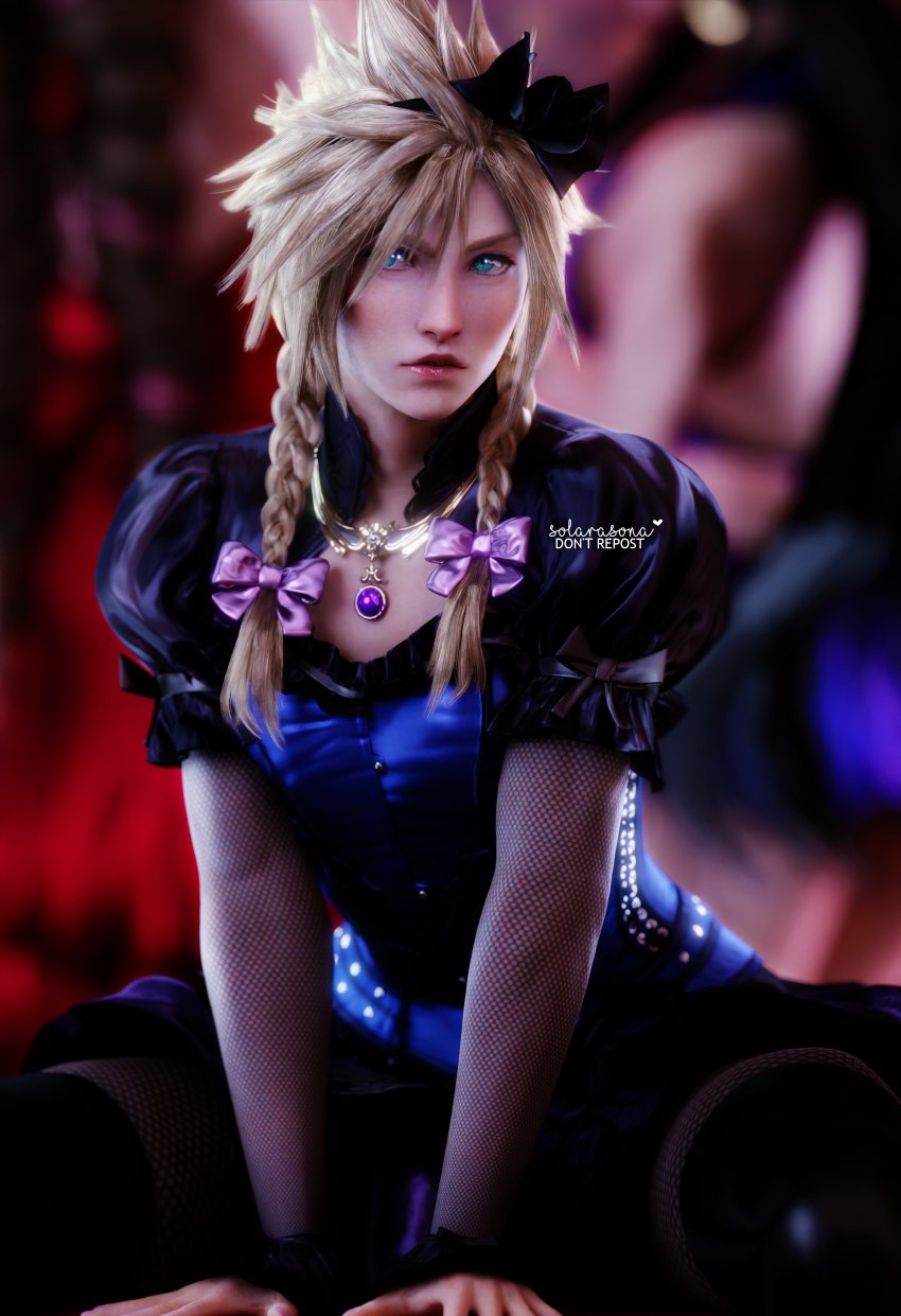 1boy 3d absurdres black_bow blonde_hair blue_dress blue_eyes blush bow braid cloud_strife crossdressing crossdressing_(mtf) dress final_fantasy final_fantasy_vii final_fantasy_vii_remake fishnet_armwear fishnet_legwear fishnets hair_between_eyes highres jewelry long_hair male_focus necklace official_alternate_costume parted_lips pink_bow sitting solarasona solo spiked_hair square_enix twin_braids wall_market