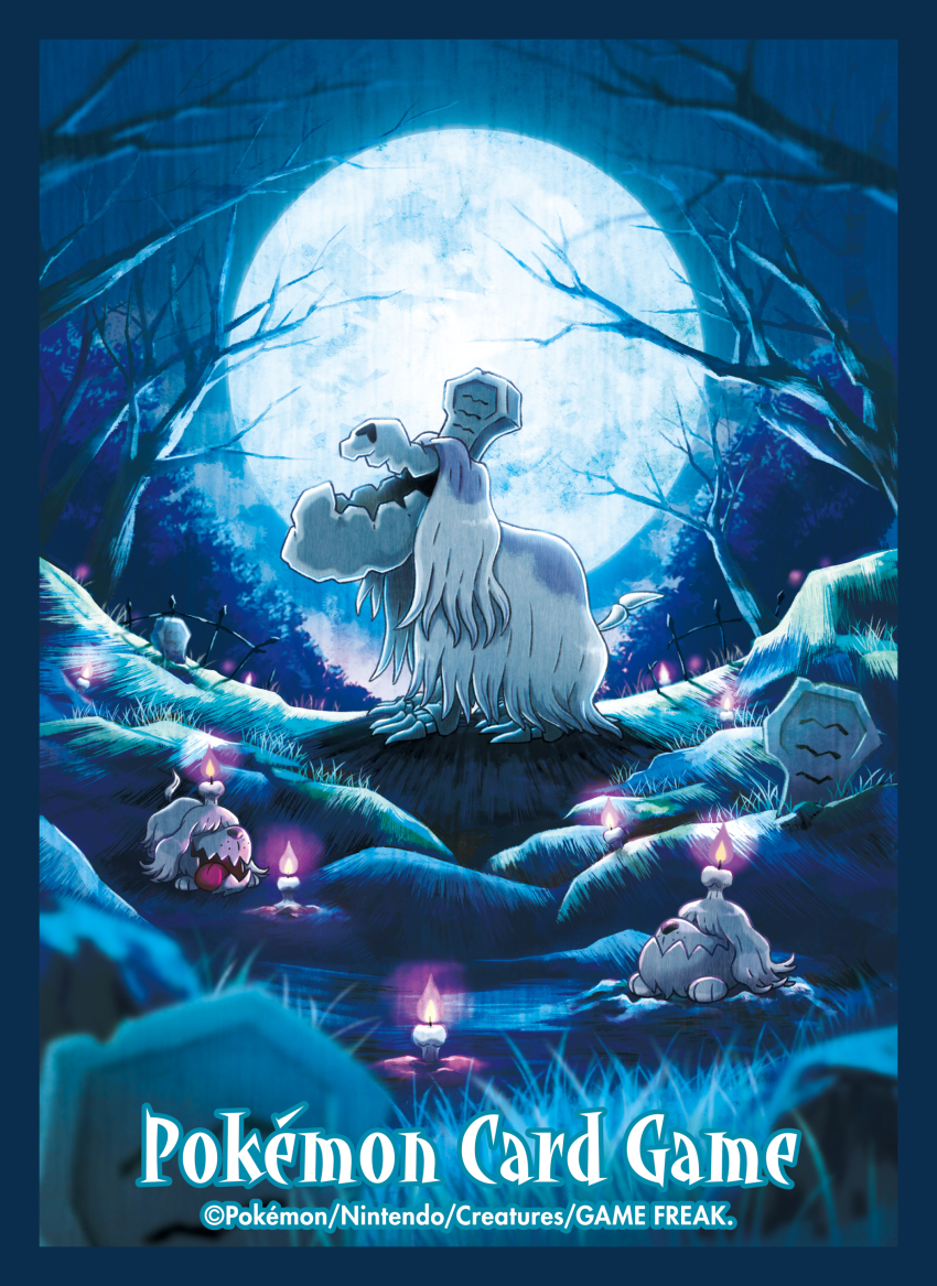 absurdres bare_tree border candle closed_mouth commentary_request copyright_name evolutionary_line fire greavard highres houndstone moon night nintendo no_humans official_art open_mouth outdoors pokemon pokemon_(creature) pokemon_tcg tongue tongue_out tree