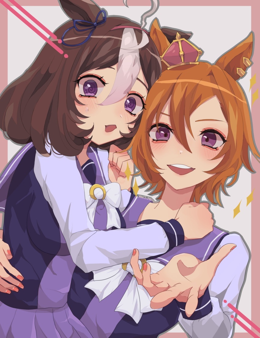 2girls :d @_@ absurdres ahoge blush bow bowtie brown_hair commentary_request crown double-parted_bangs ears_down hair_between_eyes hairband hand_on_another&#039;s_back heads_together highres hinata_(hnt_reexxxxx) horse_girl horseshoe_ornament long_sleeves looking_at_viewer medium_hair meisho_doto_(umamusume) mini_crown multiple_girls open_mouth orange_hair pink_hairband pleated_skirt purple_hair purple_sailor_collar purple_serafuku purple_shirt purple_skirt red_nails sailor_collar sailor_shirt school_uniform serafuku shirt short_hair skirt smile sparkle t.m._opera_o_(umamusume) tracen_school_uniform umamusume upper_body white_bow white_bowtie white_hair winter_uniform