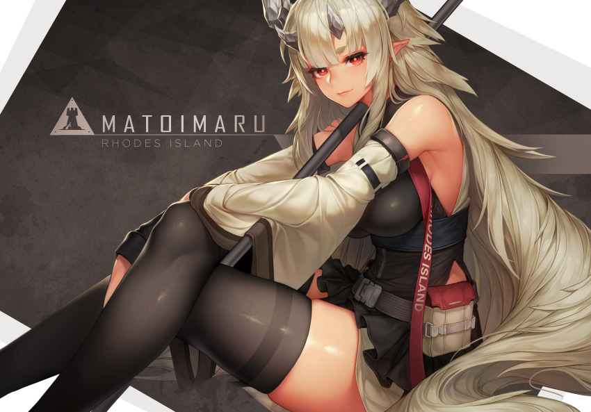 1girl absurdres arknights armpits bare_shoulders belt belt_pouch black_shirt black_thighhighs breasts character_name crossed_legs detached_sleeves female_focus highres horns large_breasts long_hair long_sleeves looking_at_viewer matoimaru_(arknights) miniskirt pointy_ears pouch red_eyes shirt silver_hair sitting skindentation skirt solo thighhighs thighs vana very_long_hair wide_sleeves