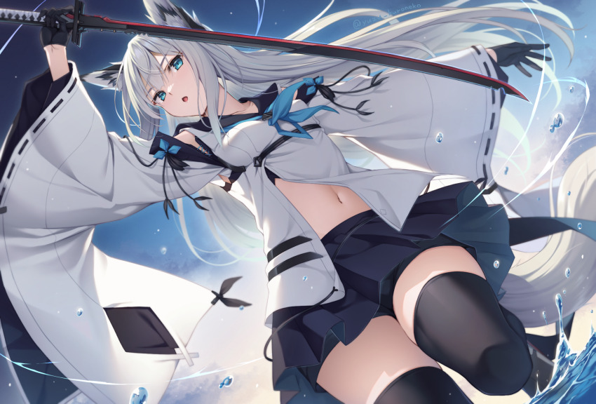 1girl animal_ears azur_lane black_gloves black_thighhighs blue_eyes blue_neckerchief blue_skirt commentary_request fox_ears fox_girl fox_tail gloves grey_hair highres holding holding_sword holding_weapon katana kawakaze_(azur_lane) long_hair long_sleeves looking_at_viewer navel neckerchief skirt solo sword tail thighhighs weapon wide_sleeves yuzu_modoki