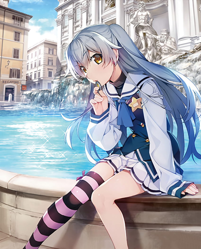 1girl grisaia_(series) grisaia_phantom_trigger highres non-web_source official_art outdoors resized shishigaya_touka sitting skirt socks striped_clothes striped_socks thighs third-party_source upscaled waifu2x yellow_eyes