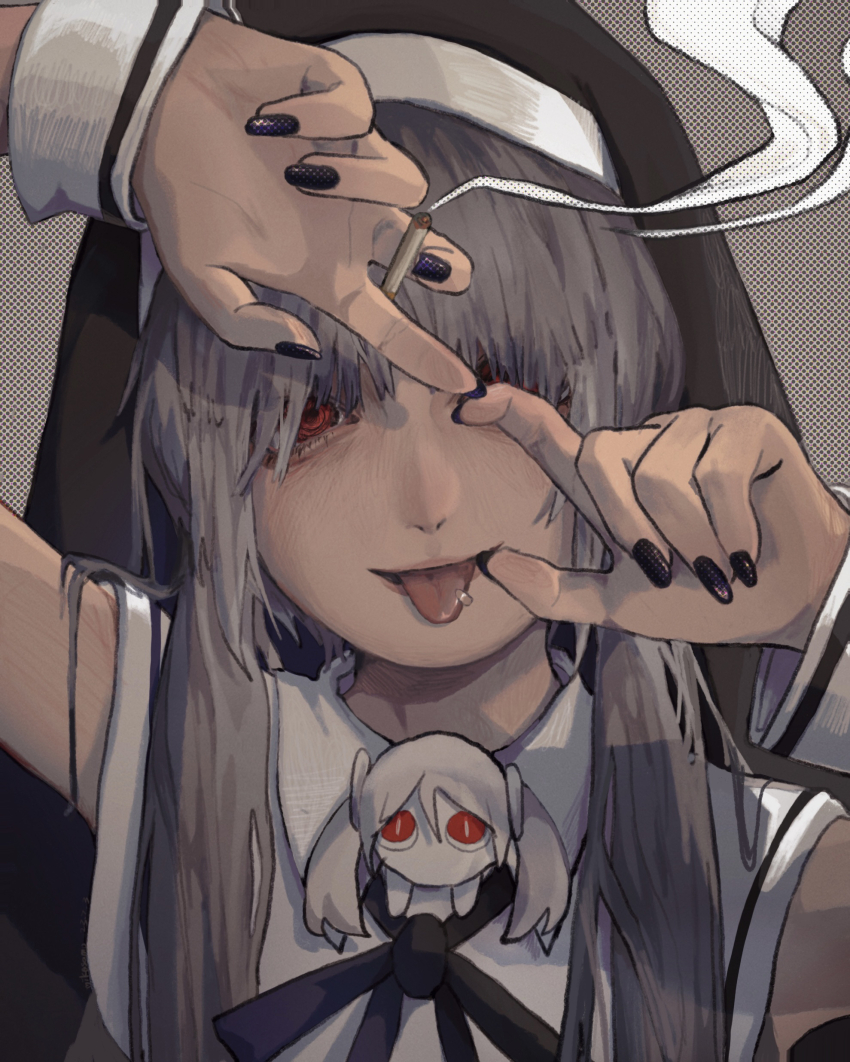 1girl absurdres aegyo_sal aimaina alternate_costume alternate_eye_color alternate_hair_color arm_up between_fingers black_nails capelet cigarette commentary_request creature grey_background grey_hair habit hair_over_shoulder halftone hand_up hatsune_miku highres holding holding_cigarette index_fingers_together kamippoina_(vocaloid) long_hair looking_at_viewer mikasamu one_eye_covered piercing portrait red_eyes ringed_eyes sleeveless smile smoke smoke_trail tongue tongue_out tongue_piercing twintails vocaloid white_capelet wrist_cuffs