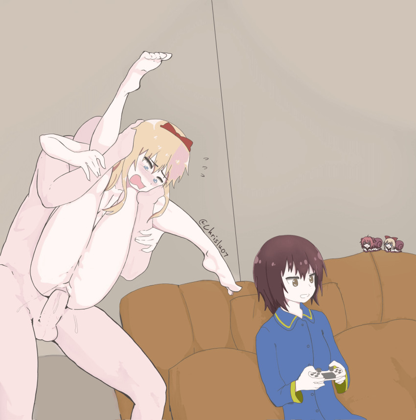 1boy 2girls blonde_hair blue_eyes blush bow brown_eyes brown_hair chrislu07 funami_yui game_controller grin hair_bow hetero holding_controller holding_game_controller indoors long_hair multiple_girls nude open_mouth pajamas pussy rape sex short_hair smile toshinou_kyouko yuru_yuri