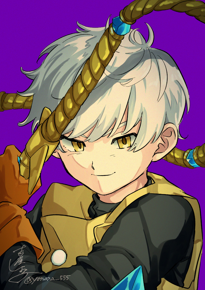 1boy absurdres black_shirt brown_gloves commentary_request dragon_quest dragon_quest_iii gloves highres holding holding_whip looking_at_viewer male_focus purple_background shirt short_hair signature solo thief_(dq3) vest white_hair yellow_eyes yellow_vest yoshiya_shiyoko