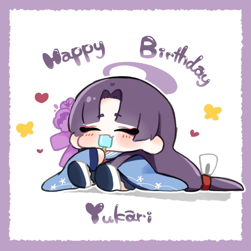 1girl blue_archive blue_haori border chibi chibi_only closed_eyes commentary_request curtained_hair eyeshadow fang flower food food_in_mouth hair_flower hair_ornament halo haori heart highres japanese_clothes long_hair makeup no_z2z popsicle popsicle_in_mouth purple_border purple_hair purple_halo red_eyeshadow shoes simple_background skin_fang solo white_background yukari_(blue_archive)