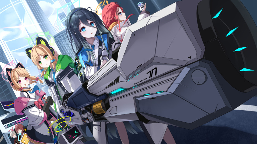 6+girls absurdres animal_ear_headphones animal_ears aris_(blue_archive) aru_(blue_archive) black_hairband blonde_hair blue_archive blue_bow blue_eyes blue_hair blue_necktie bow cat_ear_headphones city dark_blue_hair fake_animal_ears green_eyes hairband halo headphones highres hood hooded_jacket jacket magnetic_weapon midori_(blue_archive) momoi_(blue_archive) multicolored_jacket multiple_girls mutsuki_(blue_archive) necktie nyan_cat railgun red_bow red_eyes red_hair robot siblings sisters weapon winterlime12 yuzu_(blue_archive)