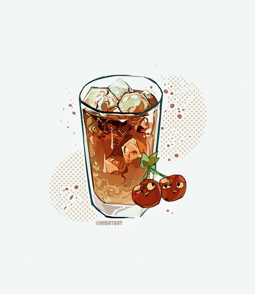 artist_name black_eyes cherry cherry_bomb_(plants_vs._zombies) colored_sclera commentary cup drink drinking_glass food fruit halftone hashtag-only_commentary highres hightguy ice ice_cube no_humans parted_lips plants_vs._zombies solo tumbler_glass white_background yellow_sclera