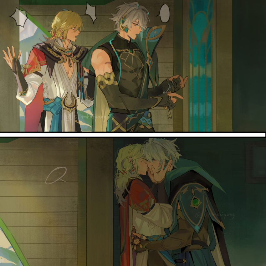2boys alhaitham_(genshin_impact) angry arguing black_gloves black_shirt blank_speech_bubble blonde_hair blush cape chest_jewel compression_shirt covered_abs earrings elbow_gloves fingerless_gloves gem genshin_impact gloves green_eyes green_gemstone grey_hair hair_between_eyes hair_over_one_eye hand_on_another&#039;s_waist hands_on_another&#039;s_face headphones highres jewelry kaveh_(genshin_impact) kiss long_sleeves looking_at_another male_focus multiple_boys one_eye_covered open_mouth pants parted_bangs partially_fingerless_gloves pectorals puffy_long_sleeves puffy_sleeves red_cape red_eyes sash shirt short_hair sleeveless sleeveless_shirt somtam speech_bubble standing swept_bangs twitter_username yaoi