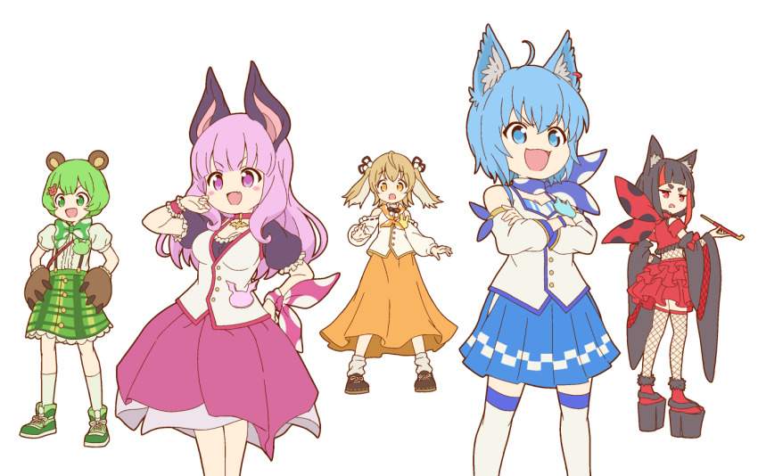 5girls :3 :d ahoge animal_ear_fluff animal_ears animal_hands animare badge bare_shoulders bat_ears bear_ears bear_hair_ornament bear_paws black_hair black_ribbon black_sleeves blue_eyes blue_hair blush_stickers bow breasts brown_hair checkered_clothes checkered_skirt commentary crossed_arms d: detached_sleeves dog_ears dress ear_piercing fang fishnet_pantyhose fishnets flat_color frilled_skirt frilled_sleeves frills gagame gloves green_bow green_eyes green_footwear green_hair green_skirt hair_ornament hair_ribbon hands_on_own_hips hinokuma_ran inaba_haneru_(animare) inari_kuromu jitome kiseru light_brown_hair long_dress long_hair looking_at_viewer multicolored_hair multiple_girls nanashi_inc. open_mouth orange_dress orange_eyes pantyhose paw_gloves piercing pink_hair pink_skirt platform_footwear polka_dot polka_dot_bow puffy_short_sleeves puffy_sleeves rabbit_ears red_eyes red_hair red_skirt ribbon scarf scarf_bow shoes short_hair short_sleeves skirt smile smoking_pipe sneakers socks souya_ichika souya_ichika_(1st_costume) suspender_skirt suspenders twintails umori_hinako virtual_youtuber white_legwear wide_sleeves wrist_ribbon