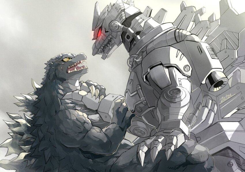 claws cyborg dinosaur facial_mark fallen_down giant giant_monster giant_robot glowing glowing_eyes glowing_markings godzilla godzilla:_tokyo_s.o.s. godzilla_(series) horns kaiju kiryu_(godzilla) mecha mechagodzilla monster no_humans no_pupils open_mouth red_eyes robot scar scar_on_chest sharp_teeth spikes strangling sweatdrop teeth toho tongue tsk03 yellow_eyes
