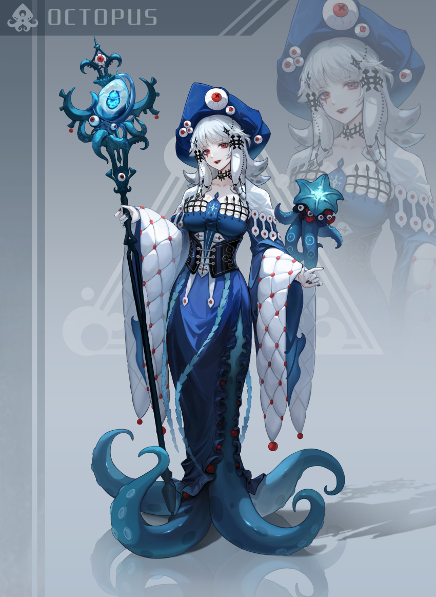 1girl absurdres black_collar black_nails blue_dress blue_hat collar commentary corset cross-shaped_pupils dress english_commentary english_text facial_mark full_body grey_background hair_ornament hat highres holding holding_staff long_hair looking_at_viewer monster_girl octopus original parted_bangs qingyuan red_eyes red_lips reflective_floor scylla side_slit solo staff standing symbol-shaped_pupils tentacle_hair white_hair wide_sleeves zoom_layer