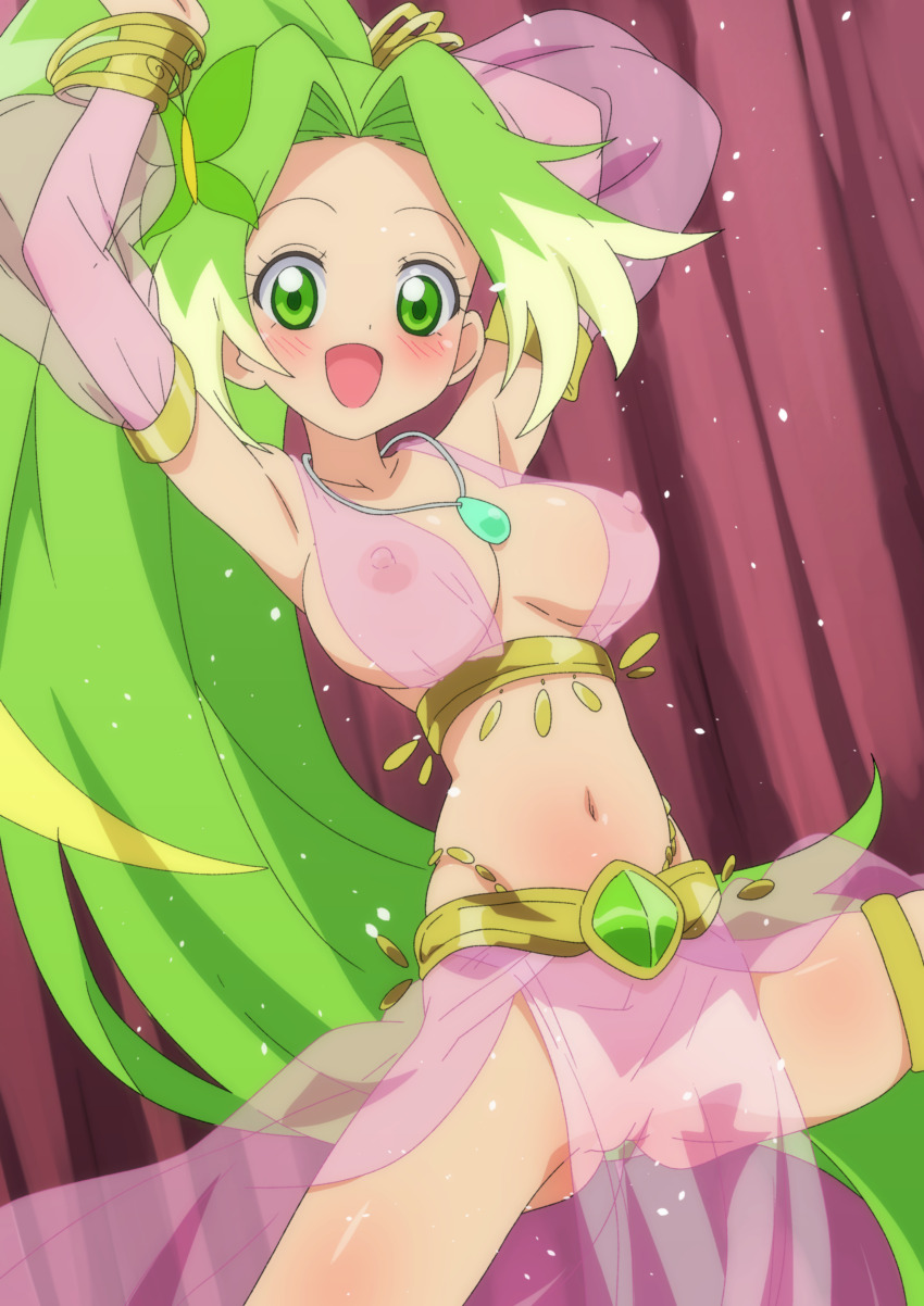 1girl absurdres blonde_hair blush breasts butterfly_hair_ornament curtains dancing green_hair hair_ornament harem_outfit high_ponytail highres jewelpet_(series) jewelpet_magical_change jewelry large_breasts long_hair looking_at_viewer multicolored_hair nipples pendant peridot_(jewelpet) ponytail pussy revealing_clothes see-through_clothes teiputi