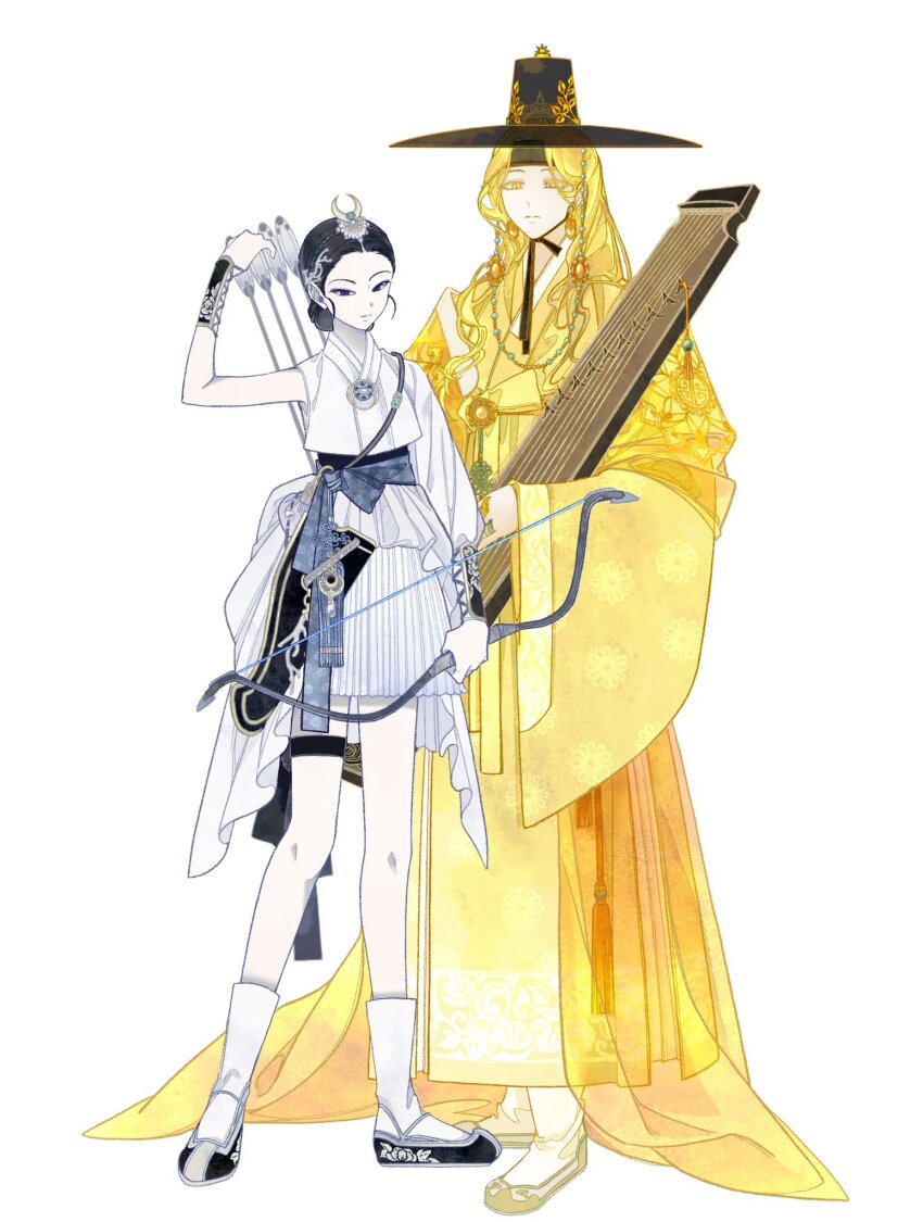 1boy 1girl apollo_(mythology) arrow_(projectile) artemis_(mythology) asymmetrical_sleeves beoseon black_eyes black_hair black_hat blonde_hair bow_(weapon) brother_and_sister closed_mouth earrings full_body gat_(hat) gold_earrings gomusin greek_mythology hair_bun hanbok hat highres holding holding_bow_(weapon) holding_instrument holding_weapon instrument jewelry korean_clothes korean_commentary long_hair long_sleeves looking_at_viewer mman_moon ring siblings skirt standing tassel uneven_sleeves weapon white_background white_skirt wide_sleeves yellow_eyes yellow_hanbok zither