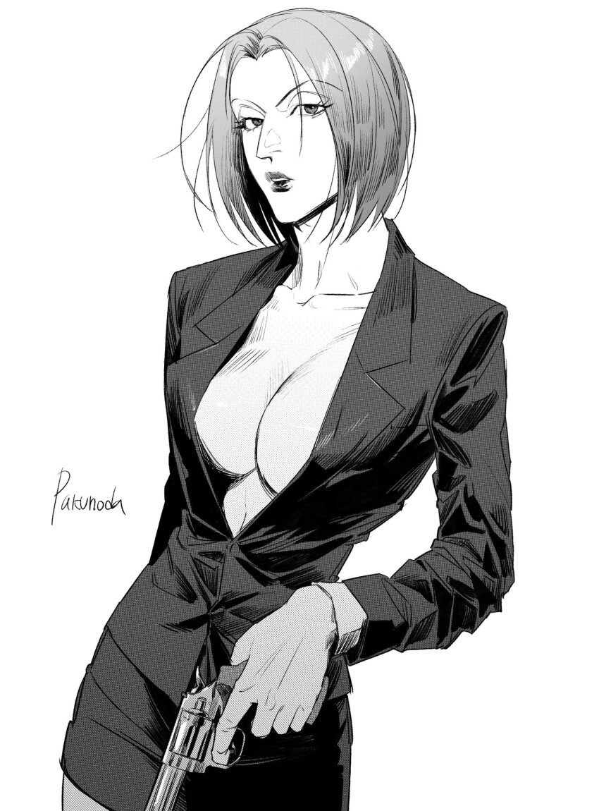 1girl aquiline_nose blazer breasts character_name closed_mouth collarbone cowboy_shot eyelashes finger_on_trigger greyscale gun hair_between_eyes handgun highres holding holding_gun holding_weapon hunter_x_hunter jacket killua0u0 korean_commentary large_breasts lipstick long_sleeves looking_at_viewer makeup monochrome no_shirt nose pakunoda parted_bangs parted_lips pencil_skirt revealing_clothes short_hair simple_background skirt solo weapon