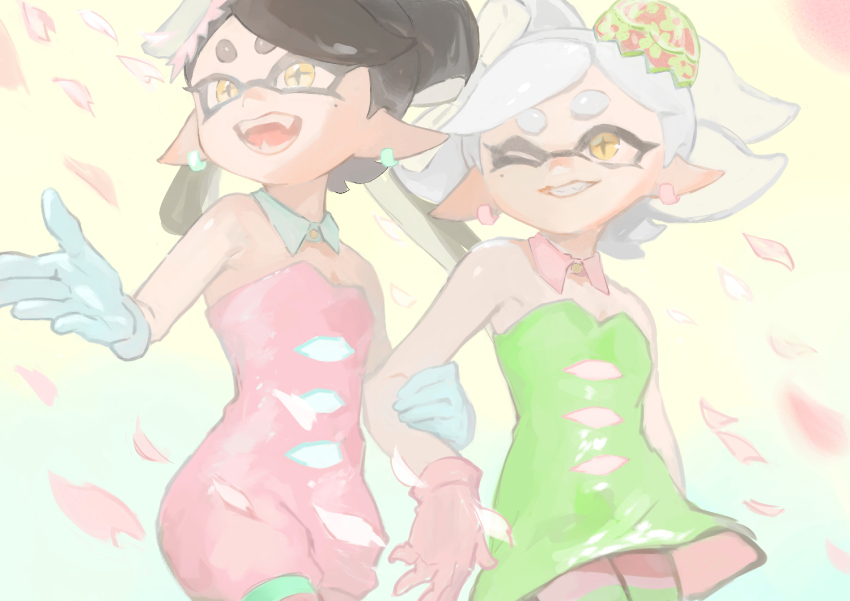 2girls bare_shoulders black_hair bow-shaped_hair callie_(splatoon) callie_(springfest)_(splatoon) collar cousins cowboy_shot detached_collar dress earrings eggshell_hat falling_petals fangs ga4me4 gloves green_dress grey_hair grin hand_on_another&#039;s_arm hoop_earrings inkling jewelry jumpsuit long_hair looking_at_another marie_(splatoon) marie_(springfest)_(splatoon) mole mole_under_eye multiple_girls nintendo official_alternate_costume one_eye_closed open_mouth outstretched_arm pantyhose petals pink_collar pink_gloves pink_jumpsuit pink_petals pointy_ears short_eyebrows short_hair short_jumpsuit smile splatoon_(series) splatoon_3 star-shaped_pupils star_(symbol) strapless strapless_dress striped_clothes striped_pantyhose swept_bangs symbol-shaped_pupils tentacle_hair thick_eyebrows twintails white_collar white_gloves yellow_background yellow_eyes