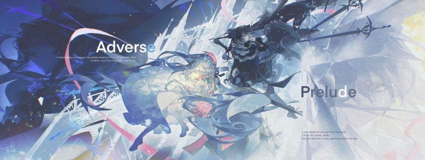 2girls absurdres arcaea back-to-back black_bow black_dress blue_flower blue_hair blue_rose bow castle chromatic_aberration dress english_text flower glass_shards glowing hair_flowing_over highres hikari_(arcaea) long_hair long_sleeves multiple_girls original pink_eyes pleated_capelet rose schwarzald sidelocks sword tairitsu_(arcaea) thighhighs twintails weapon