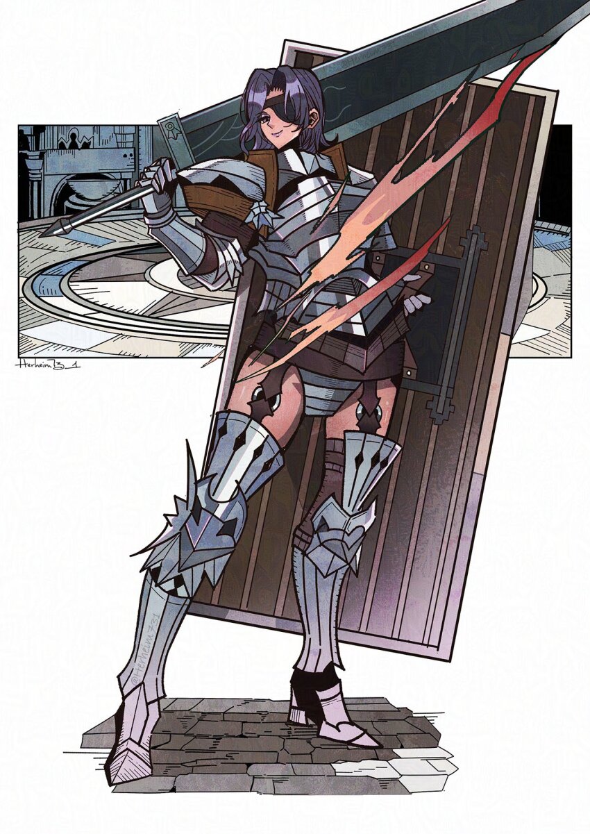 1girl amalia_(unicorn_overlord) armor artist_name commentary curtained_hair english_commentary eyepatch gauntlets herheim highres holding holding_shield holding_sword holding_weapon huge_weapon purple_hair sabaton shield simple_background smile solo sword unicorn_overlord weapon