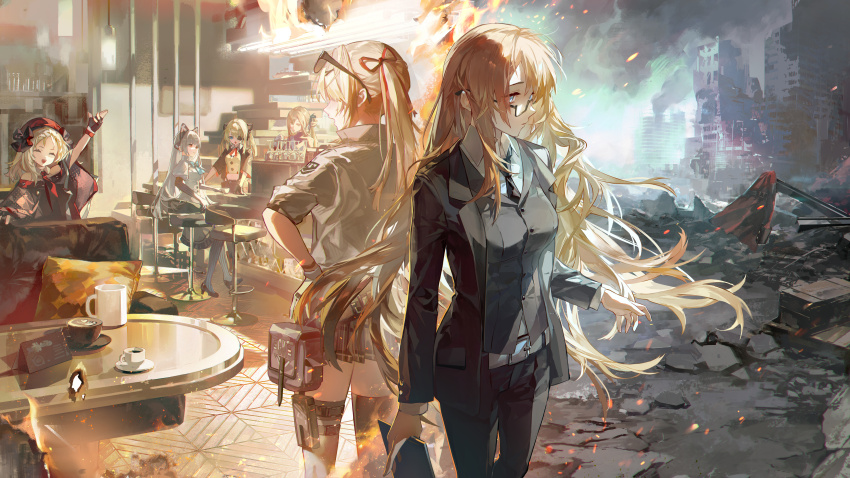 absurdres black_gloves black_necktie black_suit blue_eyes coffee formal_clothes girls&#039;_frontline glasses gloves highres mp5_(girls&#039;_frontline) multiple_girls necktie official_art orange_hair sitting skorpion_(girls&#039;_frontline) springfield_(girls&#039;_frontline) suit tokarev_(girls&#039;_frontline) white_hair