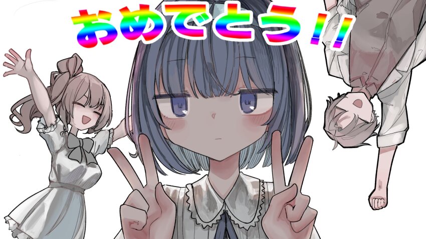 1boy 2girls arms_up backlighting birthday blue_eyes blue_hair blue_ribbon blunt_bangs blush bob_cut bow bowtie brown_hair brown_shirt cevio closed_eyes coat collared_shirt double_v dress expressionless frilled_dress frills grey_bow grey_bowtie hair_bun hands_up highres jitome looking_at_viewer microa multiple_girls neck_ribbon open_clothes open_coat open_mouth parted_bangs puffy_short_sleeves puffy_sleeves rainbow_text raised_fist ribbon satou_sasara shirt short_sleeves side_ponytail single_side_bun sleeves_rolled_up smile suzuki_tsudumi takahashi_amato upside-down v v-shaped_eyebrows white_background white_coat white_dress white_shirt