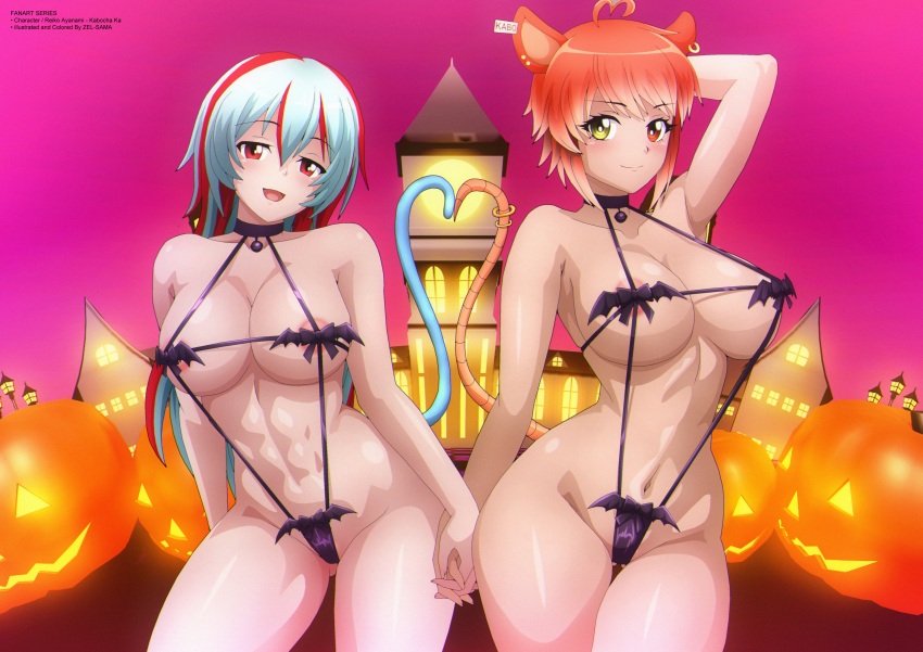 2girls abs absurdres ahoge animal_ears areola_slip arm_behind_head arm_up ayanami_reiko black_bow black_slingshot_swimsuit blue_hair blush bow breasts clock clock_tower collarbone ear_piercing ear_tag earrings halloween halloween_costume heart heart_ahoge heart_tail heart_tail_duo heterochromia highres holding_hands house indie_virtual_youtuber jack-o&#039;-lantern jewelry kabocha_kai large_breasts long_hair looking_at_viewer mouse_ears mouse_girl mouse_tail multicolored_hair multiple_girls open_mouth piercing pink_sky pumpkin red_eyes red_hair short_hair single_earring sky slingshot_swimsuit smile standing streaked_hair swimsuit tail tail_ornament tail_ring tower virtual_youtuber yellow_eyes zel-sama