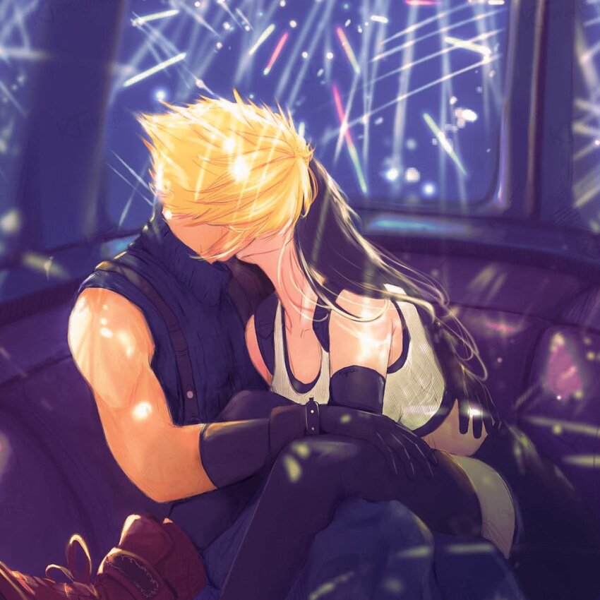 1boy 1girl baggy_pants bare_shoulders black_gloves black_hair black_skirt black_sports_bra black_thighhighs blonde_hair blurry blurry_background boots cloud_strife collarbone couple crop_top elbow_gloves feet_out_of_frame ferris_wheel_interior final_fantasy final_fantasy_vii final_fantasy_vii_rebirth final_fantasy_vii_remake fireworks gloves gondola hand_on_another&#039;s_thigh hand_on_another&#039;s_waist highres indoors kiss lady_ktea light_particles long_hair midriff pants red_footwear sitting sitting_on_lap sitting_on_person skirt sleeveless sleeveless_turtleneck spiked_hair sports_bra suspender_skirt suspenders sweater tank_top thighhighs tifa_lockhart turtleneck turtleneck_sweater white_tank_top