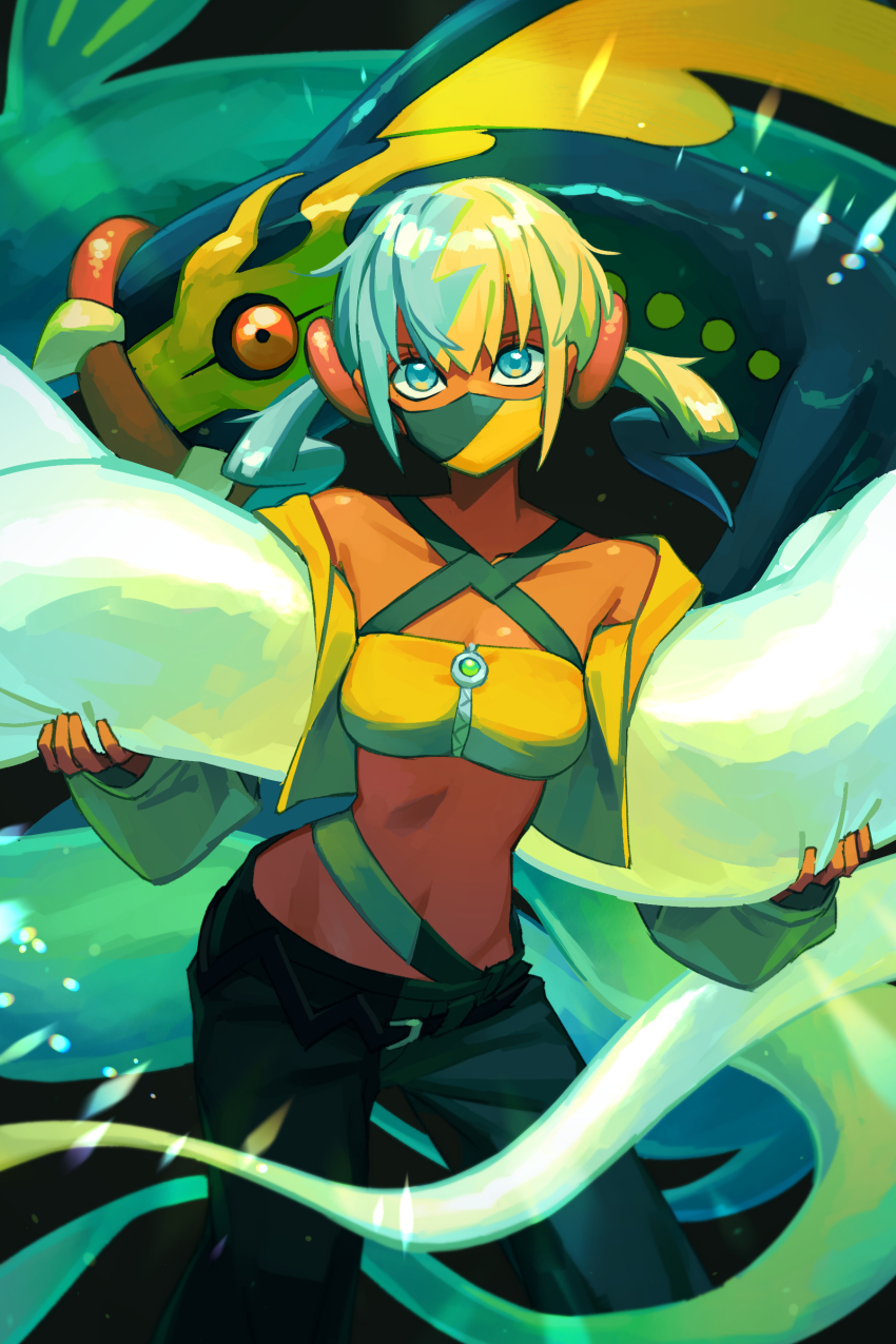 1girl absurdres aqua_eyes aqua_hair bandeau blonde_hair canari_(pokemon) crop_top dark-skinned_female dark_skin eelektross gen_5_pokemon highres jacket long_sleeves looking_at_viewer mask mega_eelektross mouth_mask multicolored_hair nintendo off_shoulder open_clothes open_jacket orisghost pants pokemon pokemon_(creature) pokemon_legends:_z-a short_hair split-color_hair twintails yellow_jacket