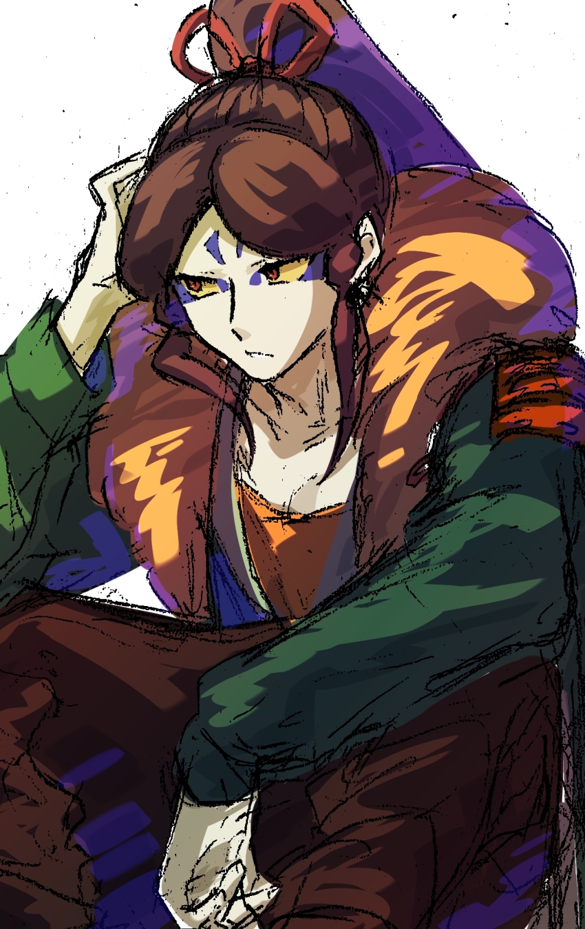 1boy brown_hair colored_sclera high_ponytail highres jagaimobeniko long_hair male_focus oogama_(youkai_watch) ponytail red_eyes simple_background sitting sketch white_background yellow_sclera youkai_(youkai_watch) youkai_watch