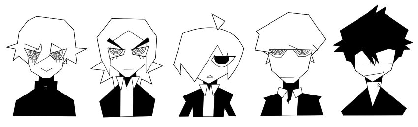 5boys :&gt; :| ahoge amamiya_ren blunt_bangs closed_mouth collared_shirt cropped_torso glasses greyscale hair_between_eyes hair_over_one_eye highres in-franchise_crossover jacket jitome lineup long_bangs looking_at_viewer lower_eyelashes_only male_focus monochrome multiple_boys narukami_yu opaque_glasses open_clothes open_jacket open_mouth parody parted_bangs persona persona_1 persona_2 persona_3 persona_4 persona_5 ringed_eyes sasibowol serious shirt short_hair simple_background smirk style_parody style_request suou_tatsuya thick_eyebrows toudou_naoya triangle_mouth v-shaped_eyebrows yuuki_makoto_(persona_3)
