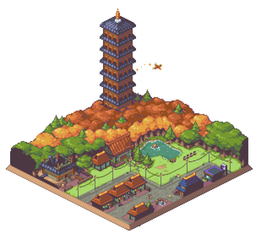 absurdres city commentary dewndeym english_commentary gen_2_pokemon highres ho-oh house legendary_pokemon nintendo outdoors pixel_art pokemon pokemon_(creature) pokemon_hgss pond simple_background tower transparent_background tree white_background