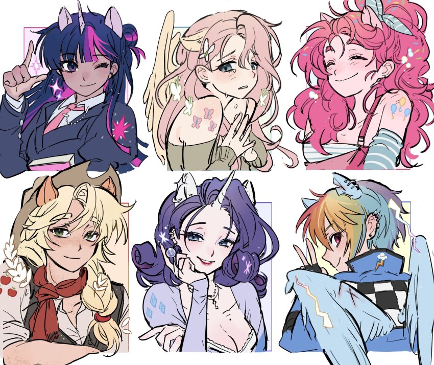 6+girls ;) ^_^ animal_ear_piercing animal_ears applejack bare_shoulders black_gloves black_hair black_jacket black_vest blonde_hair blue_eyes blue_eyeshadow blue_hair blue_wings book bra breasts bug butterfly butterfly_hair_ornament closed_eyes closed_mouth collarbone collared_shirt cropped_torso curly_hair cutie_mark dark-skinned_female dark_skin extra_ears eyeshadow fingerless_gloves fluttershy freckles from_behind gloves green_eyes green_hair green_sweater grin hair_behind_ear hair_between_eyes hair_bun hair_ornament hair_over_shoulder hand_on_own_arm hand_on_own_cheek hand_on_own_face hand_up hashtag-only_commentary high_ponytail highres horse_ears index_finger_raised insect jacket jewelry layered_sleeves lightning_bolt_symbol long_hair long_sleeves looking_at_viewer looking_back low-tied_long_hair makeup mane_six_(my_little_pony) medium_breasts memoji_7672 mole mole_on_breast multicolored_hair multiple_girls my_little_pony my_little_pony:_friendship_is_magic necklace necktie off-shoulder_sweater off_shoulder one_eye_closed orange_hair overalls own_hands_together pale_skin parted_lips pink_hair pink_necktie pink_overalls pinkie_pie ponytail profile puffy_sleeves purple_eyes purple_hair rainbow_dash rainbow_hair raised_eyebrows raised_inner_eyebrows rarity_(my_little_pony) red_eyes red_hair red_lips red_scarf scarf shirt short_hair short_sleeves shoulder_tattoo sideways_glance simple_background single_hair_bun sleeves_past_wrists smile sparkle streaked_hair sweat sweater tattoo tomboy twilight_sparkle underwear unicorn_girl unicorn_horn v vest white_background white_bra white_butterfly white_shirt wings yellow_wings