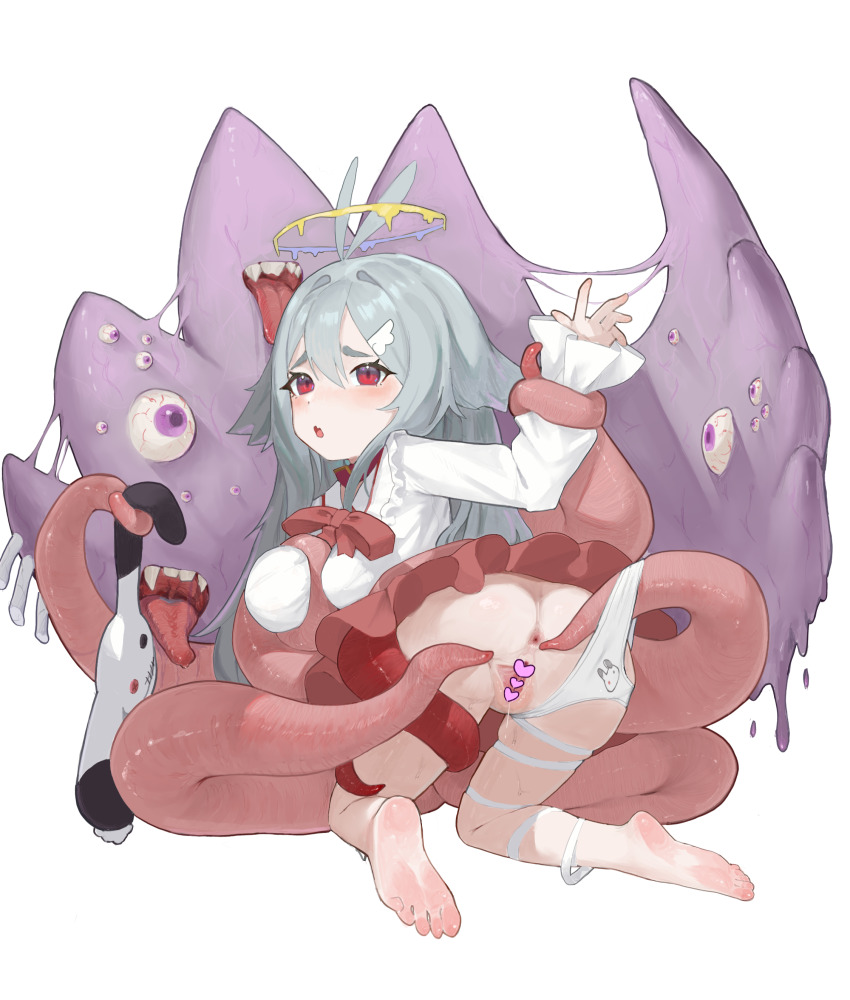 1girl absurdres anus ass barefoot censored commentary copyright_request denpafish_(vtuber) grey_hair halo heart heart_censor highres indie_virtual_youtuber long_hair mirumiruchan open_mouth panties pussy red_eyes red_skirt skirt soles solo spread_pussy tentacles underwear virtual_youtuber white_panties
