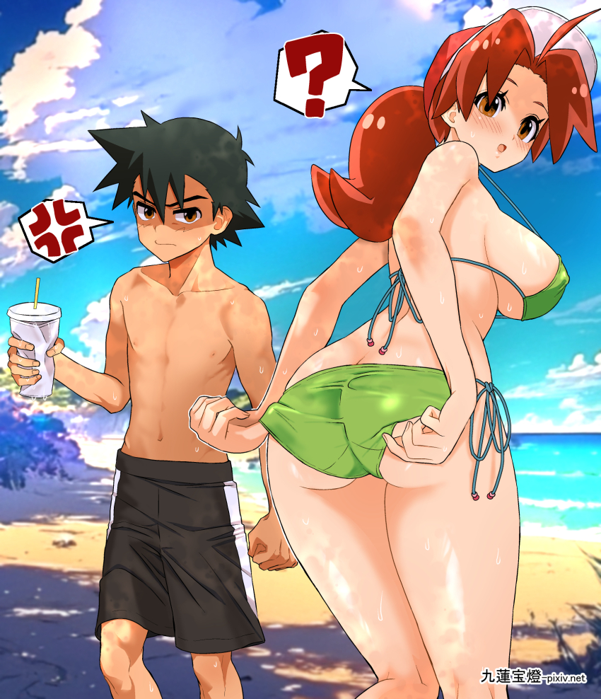1boy 1girl ? ash_ketchum ass beach bent_over bikini black_hair black_male_swimwear blush borrowed_clothes breasts brown_eyes brown_hair butt_crack can covered_erect_nipples curvy day delia_ketchum disgust drink drink_can frown glaring green_bikini hand_on_own_knee highres holding holding_drink large_breasts leaning_forward low_ponytail male_swimwear mother_and_son nintendo ocean outdoors partially_shaded_face pokemon pokemon_(anime) pokemon_journeys ponytail shaded_face shiny_skin side-tie_bikini_bottom sitting skindentation soda_can standing sun sunlight sweat swim_trunks swimsuit teeth thong thong_bikini topless_male upper_teeth_only wedgie wet wide_hips