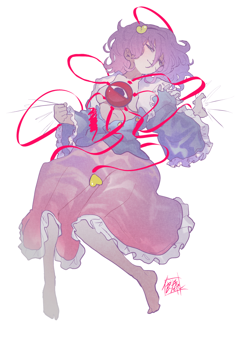 1girl absurdres barefoot blouse blue_shirt closed_mouth commentary_request eyeball frilled_shirt_collar frilled_skirt frilled_sleeves frills full_body grey_background hair_between_eyes hair_ornament heart heart_hair_ornament highres holding komeiji_satori long_sleeves looking_at_viewer lying mixed-language_commentary on_back pink_skirt purple_eyes purple_hair ribbon shirt short_hair simple_background skirt smile sokura_(mochichitose) solo third_eye touhou white_background wide_sleeves
