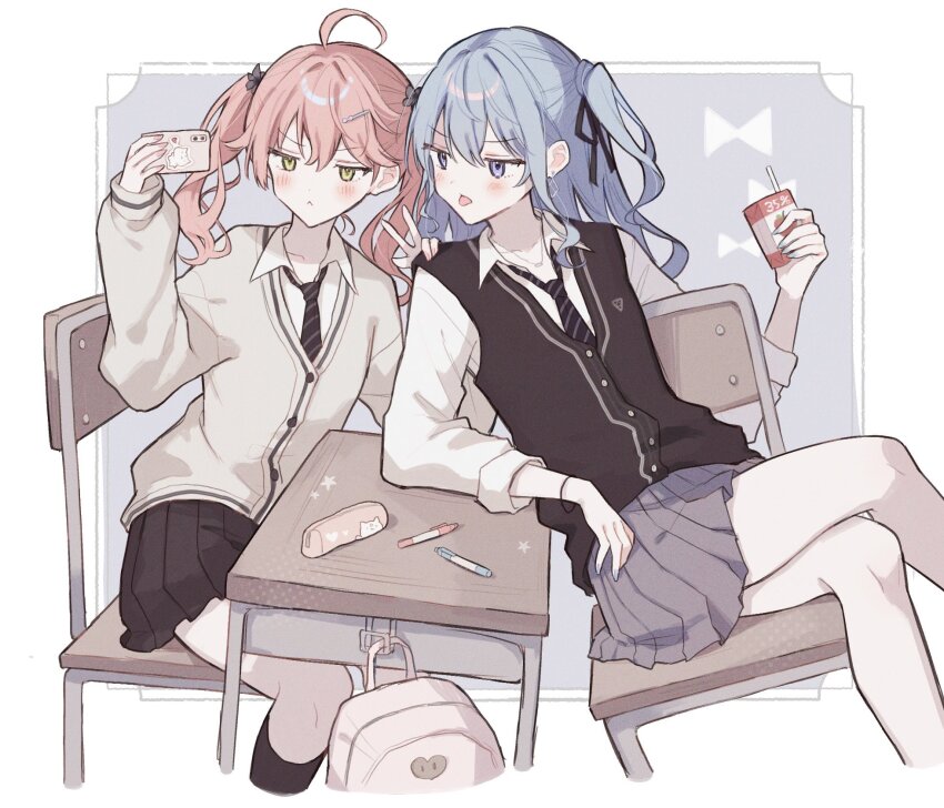 2girls :p ahoge alternate_costume blue_eyes blue_hair blush cellphone commentary green_eyes highres holding holding_phone hololive hoshimachi_suisei looking_at_phone mametarou_(mameji) multiple_girls phone pink_hair sakura_miko school_uniform selfie sitting smartphone symbol-only_commentary tongue tongue_out virtual_youtuber