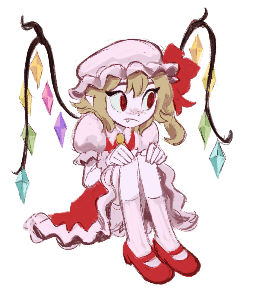 1girl blonde_hair bloomers closed_mouth collared_shirt commentary dress english_commentary fang flandre_scarlet flandrepudding frown hat hat_ribbon highres mary_janes mob_cap one_side_up pinafore_dress pointy_ears red_dress red_eyes red_ribbon ribbon shirt shoes simple_background sitting sketch sleeveless sleeveless_dress socks solo touhou underwear white_background white_bloomers white_hat white_shirt white_socks wings