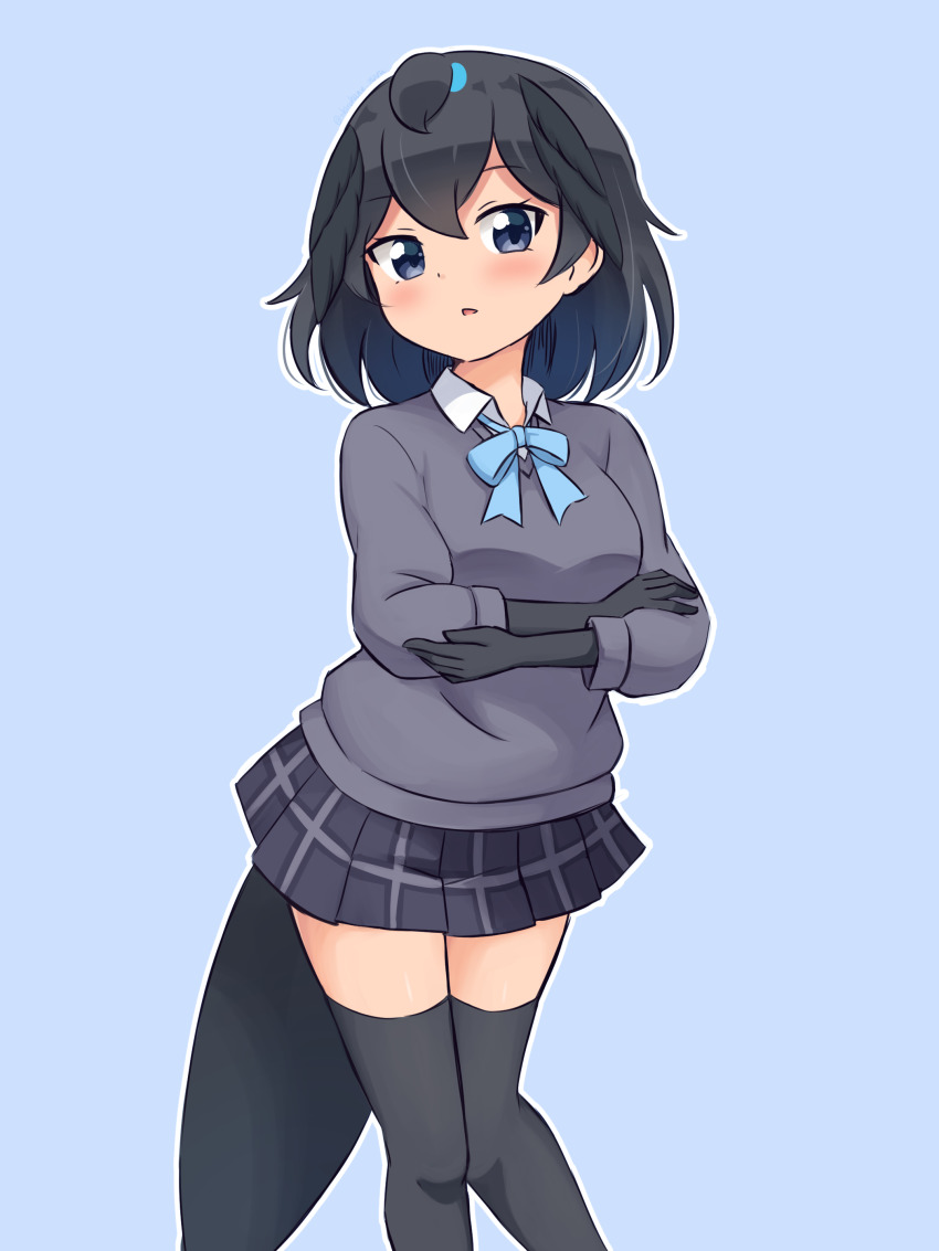 1girl absurdres adapted_costume alpine_marmot_(kemono_friends) alpine_marmot_(kemono_friends)_(cosplay) alternate_costume bird_girl bird_tail bird_wings black_gloves black_hair black_skirt black_thighhighs blue_background blue_bow blue_bowtie blue_eyes blush bow bowtie collared_shirt cosplay cowboy_shot elbow_gloves gloves grey_sweater hair_tie head_wings highres kemono_friends looking_at_viewer outline plaid_clothes plaid_skirt pleated_skirt shiraha_maru shirt short_hair simple_background skirt solo superb_bird-of-paradise_(kemono_friends) sweater tail thighhighs white_outline white_shirt wings zettai_ryouiki