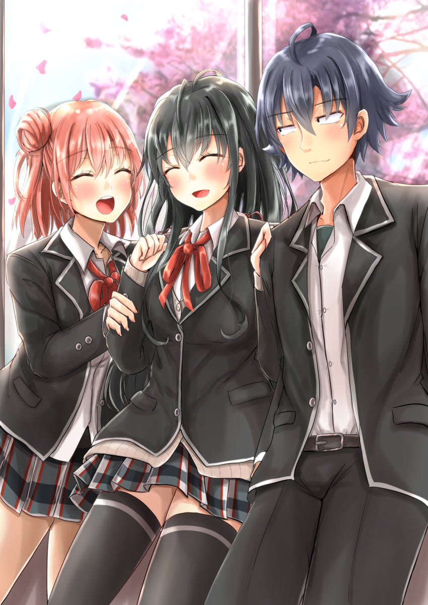 1boy 2girls against_window ahoge ayachanman black_hair black_jacket black_pants black_thighhighs blazer blush closed_eyes closed_mouth collared_shirt commentary_request from_inside grabbing_another&#039;s_arm hair_bun hair_ribbon hands_in_pocket highres hikigaya_hachiman jacket long_hair long_sleeves miniskirt multiple_girls neck_ribbon open_mouth orange_hair pants petals plaid_clothes plaid_skirt pleated_skirt red_ribbon ribbon school_uniform shirt short_hair single_hair_bun single_side_bun skirt smile sobu_high_school_uniform standing thighhighs white_shirt window winter_uniform yahari_ore_no_seishun_lovecome_wa_machigatteiru. yuigahama_yui yukinoshita_yukino zettai_ryouiki