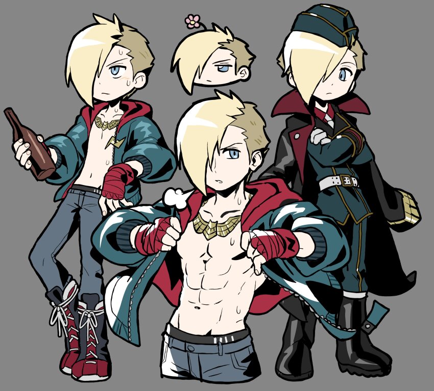 1boy :/ abs absurdres arm_out_of_sleeve arms_up asymmetrical_hair bare_pectorals belt belt_buckle black_coat black_male_underwear blonde_hair blue_eyes blue_pants boots bottle buckle closed_mouth coat collarbone collared_jacket commentary_request contrapposto cropped_legs crossed_arms denim dot_nose ed_(street_fighter) flower flower_on_head full_body grey_background groin hair_over_one_eye hand_wraps hat highres holding holding_bottle hood hood_down hooded_jacket jacket jacket_on_shoulders jeans jewelry lace-up_boots lapels long_sleeves looking_to_the_side male_focus male_underwear male_underwear_peek multicolored_jacket multiple_views mystical_high_collar navel necklace necktie official_alternate_costume one_eye_covered pants pectorals pink_flower popped_collar red_shirt sach56000 shirt sideways_glance simple_background standing street_fighter street_fighter_6 sweat toned toned_male underwear unzipped white_belt white_necktie zipper