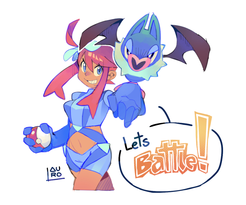 1girl blue_eyes blue_gloves blue_jacket blue_shorts commentary_request crop_top dark-skinned_female dark_skin english_text gen_5_pokemon gloves holding holding_poke_ball jacket long_sidelocks looking_at_viewer navel nintendo pb_lauro poke_ball poke_ball_(basic) pokemon pokemon_(creature) pokemon_bw red_hair short_shorts shorts sidelocks simple_background skyla_(pokemon) speech_bubble swoobat white_background