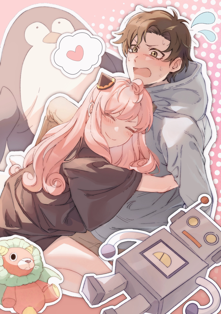 1boy 1girl aged_up anya_(spy_x_family) blush closed_eyes closed_mouth damian_desmond director_chimera_(spy_x_family) dule_(anhaidule) embarrassed hairpods happy heart highres hood hoodie hug long_hair open_mouth parted_bangs pink_hair short_hair smile spy_x_family stuffed_animal stuffed_penguin stuffed_toy sweatdrop