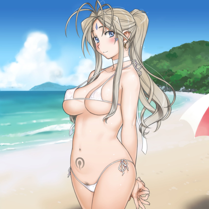 1girl aa_megami-sama absurdres antenna_hair beach belldandy bikini blue_eyes blush breasts brown_hair covered_erect_nipples earrings facial_mark female_focus female_pubic_hair forehead_mark highres jewelry kiriyama_taichi long_hair looking_at_viewer medium_breasts micro_bikini navel outdoors ponytail pubic_hair pubic_hair_peek ring side-tie_bikini_bottom smile solo swimsuit tattoo underboob white_bikini