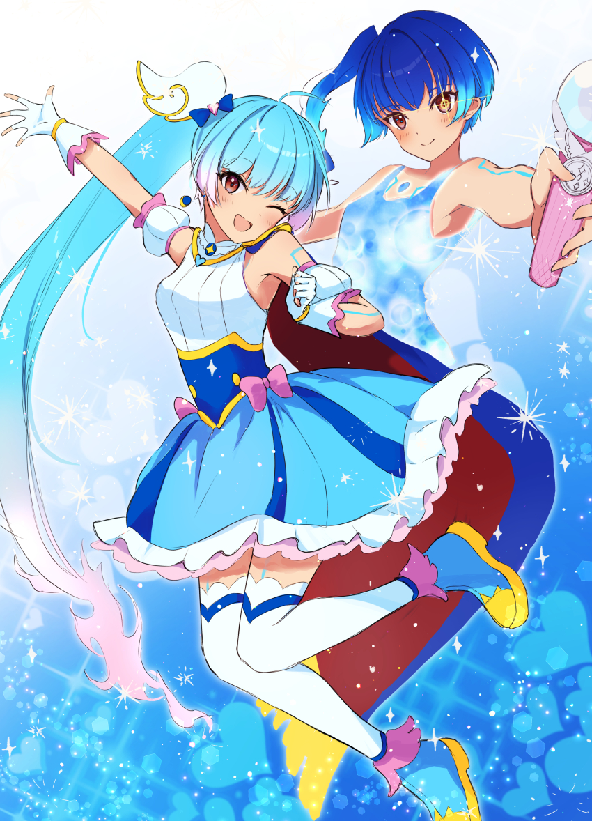 1girl absurdres ankle_boots arm_up blue_background blue_boots blue_cape blue_dress blue_hair boots bow brooch cape clenched_hand commentary cosplay cure_sky cure_sky_(cosplay) detached_sleeves dress dress_bow earrings fiery_hair fingerless_gloves floating frilled_dress frills fringe_trim gloves glowing_dress gradient_hair hair_ornament head_tilt henshin heterochromia highres hirogaru_sky!_precure holding jewelry leg_up long_hair looking_at_viewer multicolored_hair norimaki_(nrmk_norinori) one_eye_closed open_mouth pink_bow pink_hair precure puffy_detached_sleeves puffy_sleeves red_cape red_eyes sena_(xenoblade) short_dress side_ponytail sky_mirage sleeveless sleeveless_dress smile solo sparkle thighhighs twintails two-sided_cape two-sided_fabric two-tone_dress two-tone_hair very_long_hair white_dress white_gloves white_thighhighs wing_brooch wing_hair_ornament xenoblade_chronicles_(series) xenoblade_chronicles_3 yellow_eyes