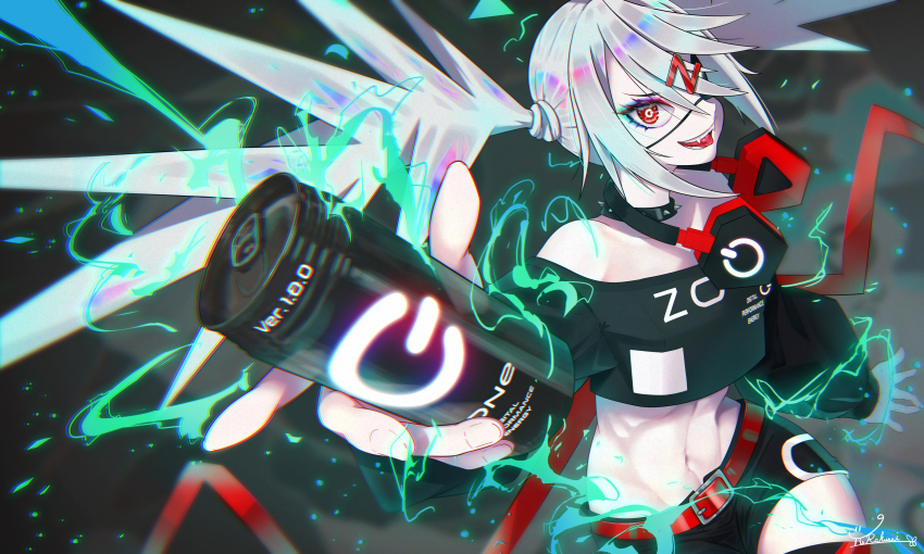1girl abs absurdres belt black_choker black_shorts can choker chromatic_aberration crop_top dive_to_zone double-parted_bangs duplicate electricity eyepatch fanged_bangs fangs headphones headphones_around_neck highres holding holding_can long_hair off-shoulder_shirt off_shoulder power_symbol-shaped_pupils product_girl red_belt shirt shorts spiked_choker spikes symbol-shaped_pupils toned toned_female twintails very_long_hair waves yurakusai zone_(energy_drink) zonko