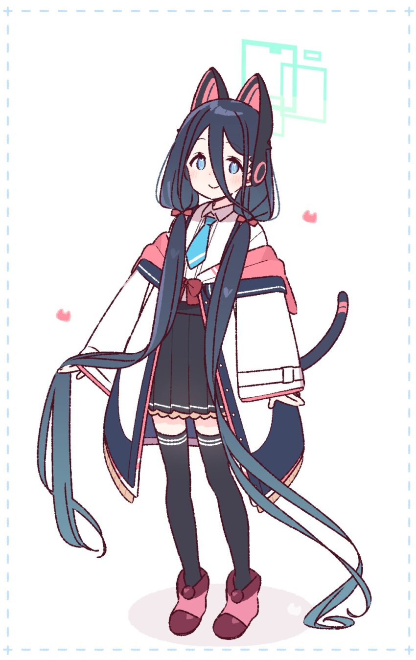 1girl animal_ear_headphones animal_ears aris_(blue_archive) blue_archive blue_eyes blue_hair blue_necktie blush cat_ear_headphones cat_tail cosplay fake_animal_ears flat_chest full_body headphones highres jacket long_hair looking_at_viewer low-tied_sidelocks momoi_(blue_archive) momoi_(blue_archive)_(cosplay) necktie siblings sidelocks solo standing tail very_long_hair white_jacket yoru_nai