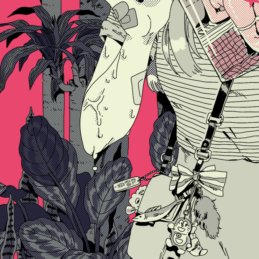 1girl bag bag_charm bandaid bandaid_on_arm bandaid_on_hand bow character_charm charm_(object) choo commentary cropped dripping english_commentary fish_charm greyscale_with_colored_background halftone head_out_of_frame holding holding_magazine leaf long_hair magazine_(object) monochrome original palm_tree partially_submerged pink_background pink_theme plant pool shirt short_sleeves shoulder_bag simple_background solo spot_color standing striped_bow striped_clothes striped_shirt sweat sweatdrop t-shirt thighs tile_wall tiles tree water