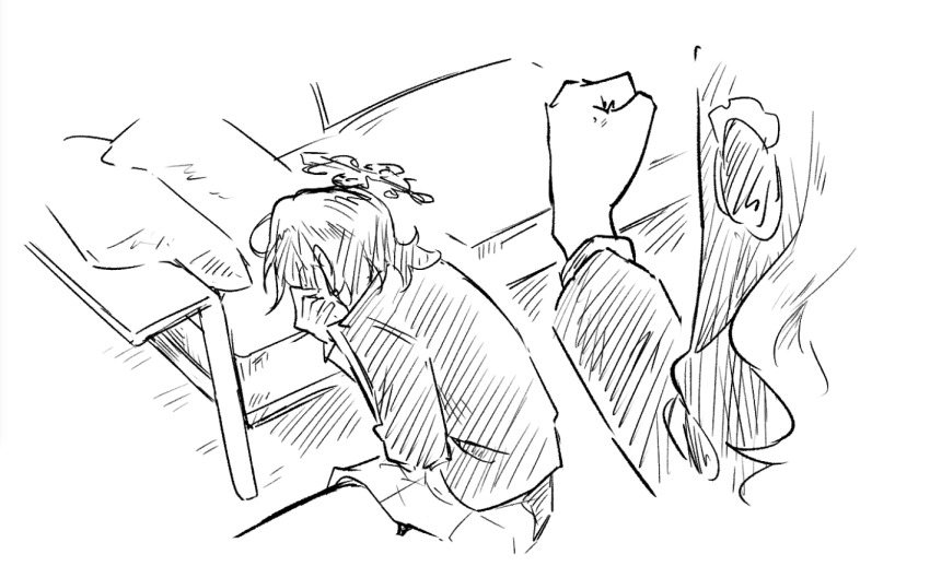 2girls blue_archive clenched_hand commentary_request couch fuyu_(blue_archive) greyscale halo hand_on_own_cheek hand_on_own_face ki_no_nekko long_hair long_sleeves miniskirt miyo_(blue_archive) monochrome multiple_girls out_of_frame pillow short_hair skirt