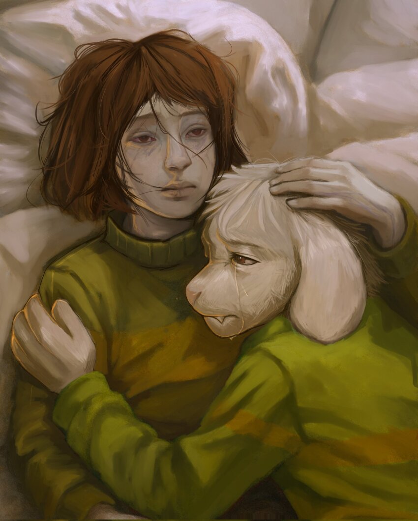 1boy 1other adoptive_siblings animal_ears asriel_dreemurr brown_hair chara_(undertale) child closed_mouth crying dying fang furry furry_male goat_boy goat_ears highres lips lying ncromania nose painterly realistic short_hair sick striped_clothes sweater undertale utdr_(toby_fox) white_fur