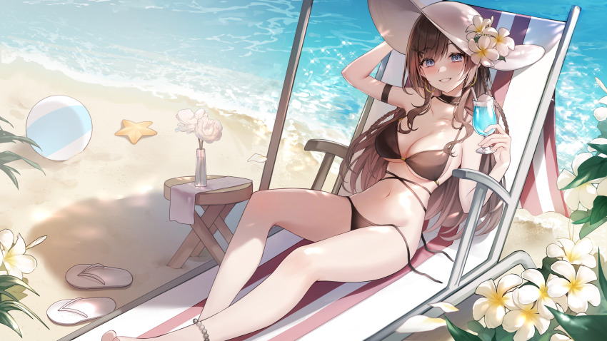 1girl absurdres anklet arm_up armband ball bare_shoulders beach beach_chair beachball bead_anklet beads bikini black_bikini black_choker blue_eyes braid breasts brown_hair choker cleavage commentary_request commission cup day drinking_glass earrings flower grin hair_ornament hairclip hand_up hat hat_flower highres holding holding_cup hoop_earrings hurricane_glass jewelry korean_commentary kuca_(ku_ca18) long_hair looking_at_viewer medium_breasts navel original outdoors second-party_source side-tie_bikini_bottom smile solo stomach string_bikini sun_hat swimsuit thighs tropical_drink untied_bikini very_long_hair water white_flower white_hat wide_shot x_hair_ornament